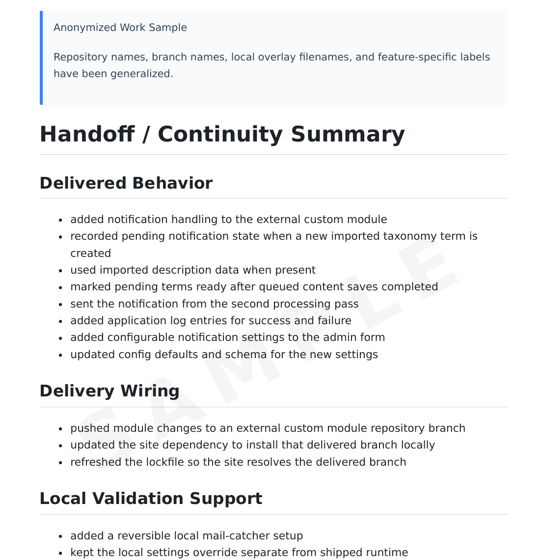Preview of an anonymized handoff and continuity summary showing delivered behavior, delivery wiring, and important notes.