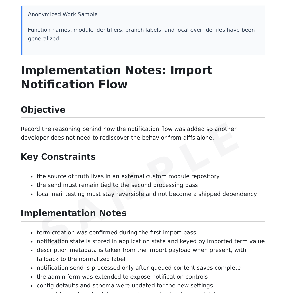 Preview of anonymized implementation notes showing constraints, implementation bullets, and delivery notes.