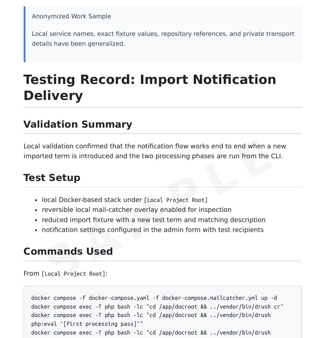 Preview of an anonymized QA testing record showing setup, commands, verification steps, and remaining gaps.