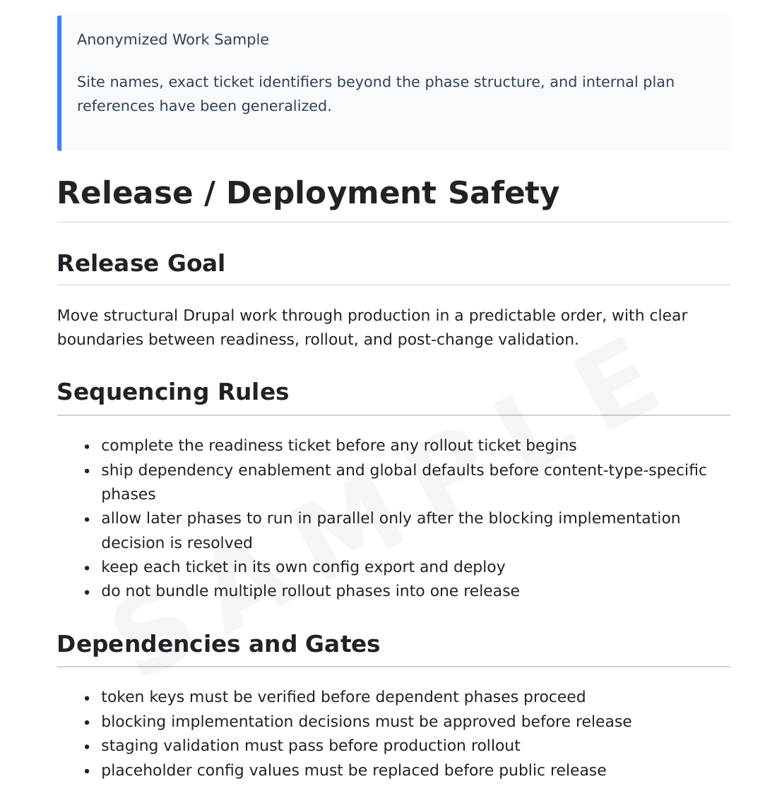 Preview of an anonymized release and deployment safety document showing sequencing rules, deployment flow, and checklist structure.