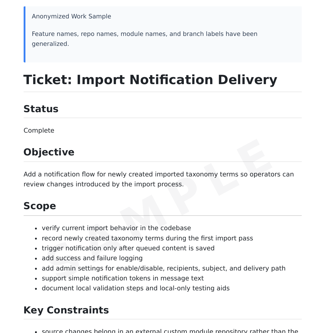 Preview of an anonymized ticket breakdown showing objective, scope, constraints, and acceptance criteria.
